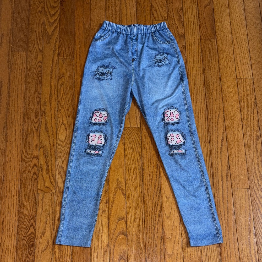 Distressed Blue Jeggings with Pink Patchwork